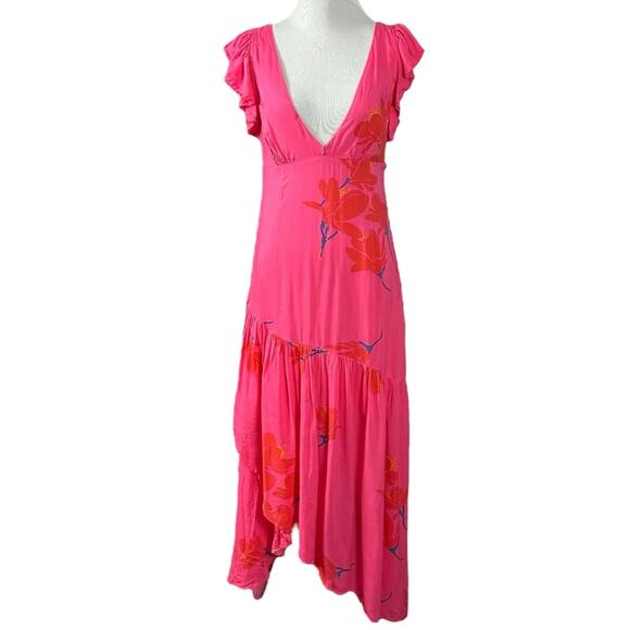 Free People Tropical Hawaiian Hibiscus Hot Pink Floral Maxi Dress Size 0 XS - Picture 6 of 15
